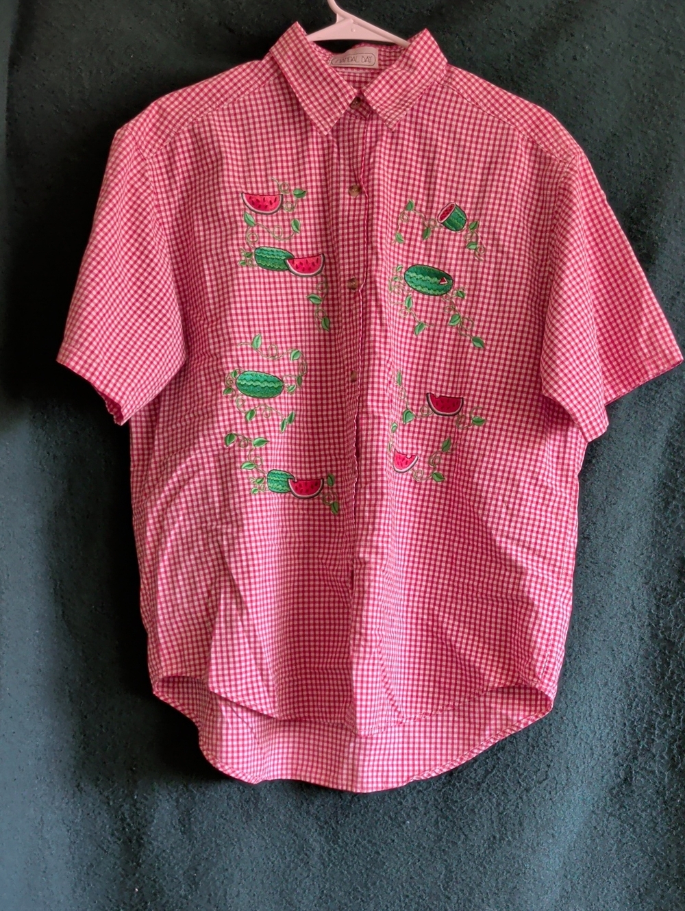 Men's Red/ Whi Gingham Short-Sleeve Button-Down Shirt with Watermelon Embroidery